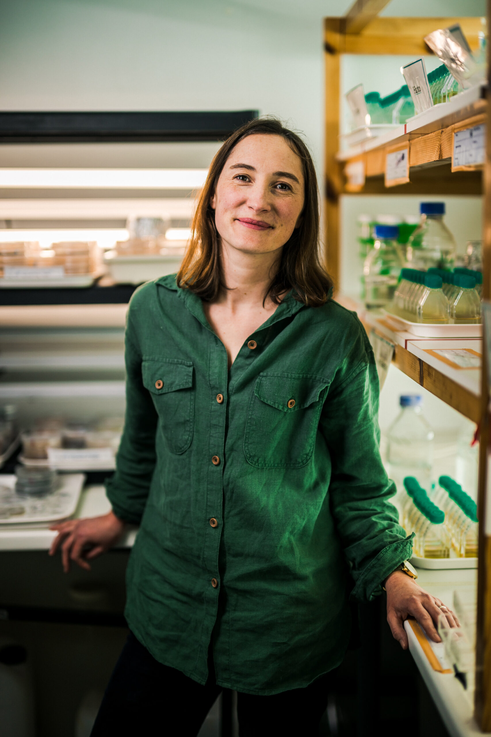 Katherine Helliwell stands in front of MBA algal collection