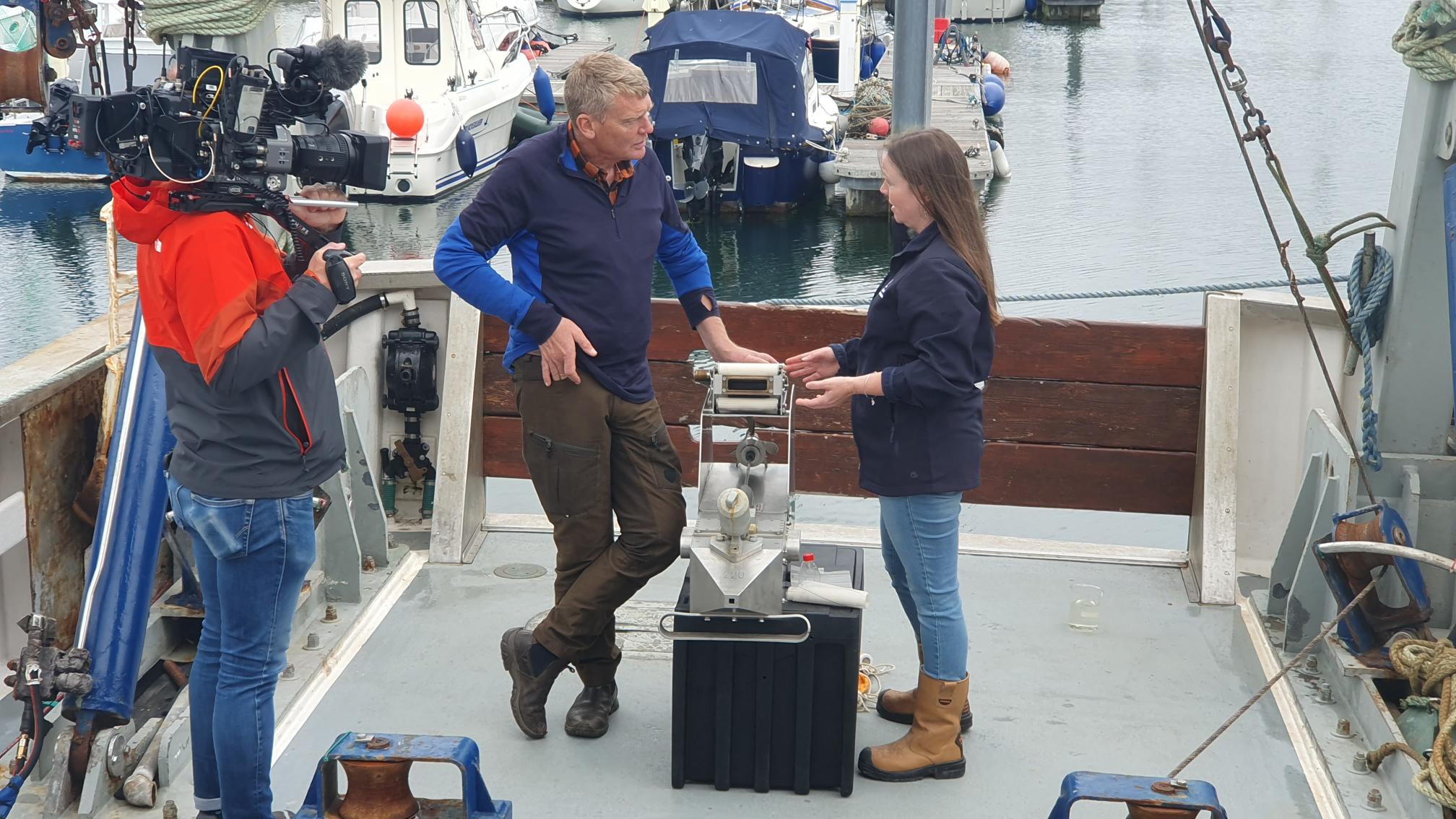 Senior Plankton Analyst Marianne (Maz) Wootton being interviewed on plankton for BBC Countryfile aboard RV MBA Sepia
