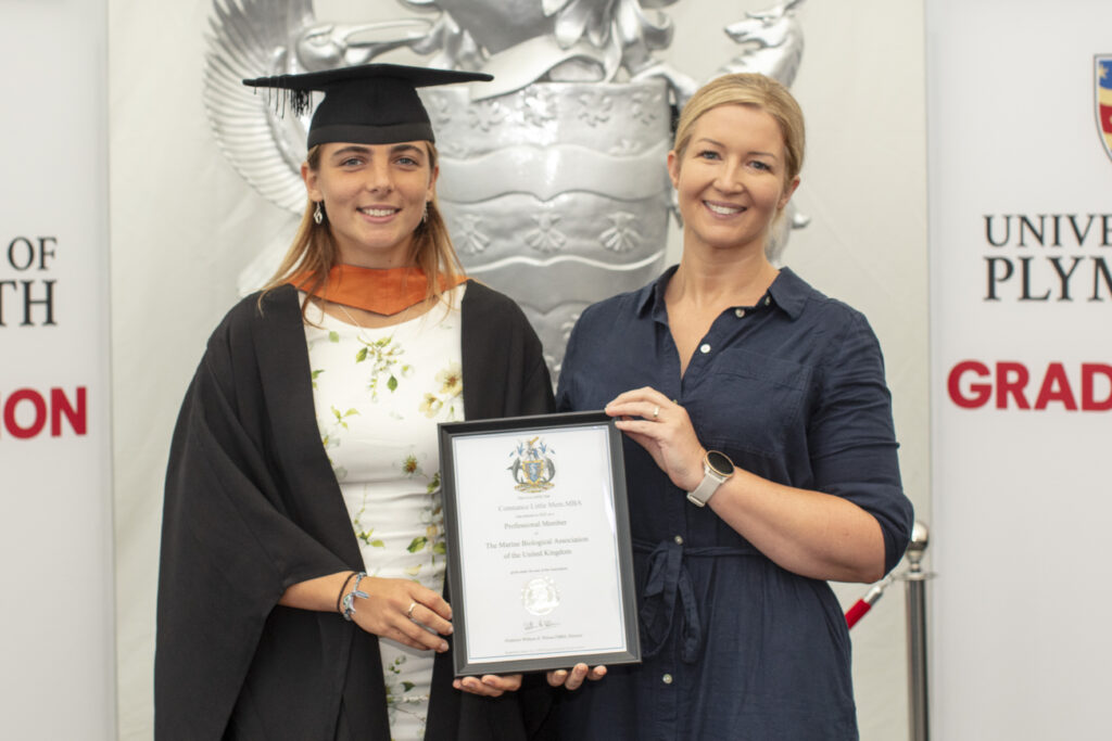 The University of Plymouth student Constance Little awarded the MBA Prize at the Graduation Ceremony with Head of Membership Jo Langston.