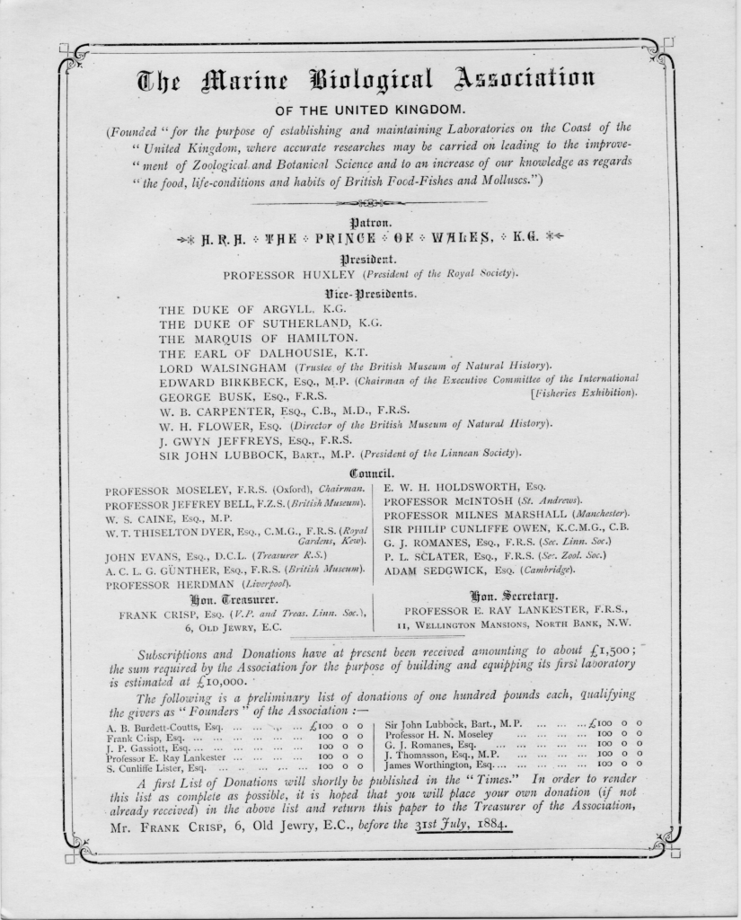 Document showing the founding of the Marine Biological Association in 1884. 