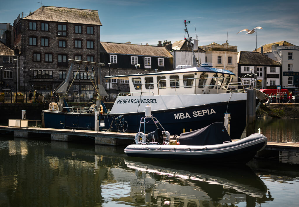 The MBA RV Sepia in a harbour, with a small motorised dinghy next to it and buildings in the background.