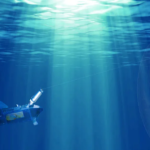 Metal unit under the sea, with sunrays breaking through. Credit: Marine Biological Association.