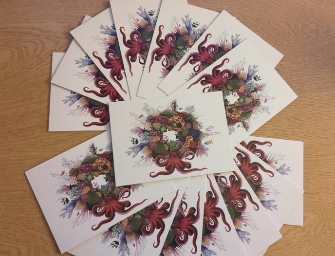 Cards featuring a Christmas 'Coral Wreath' illustration, fanned out in opposite directions with a card placed in the centre.