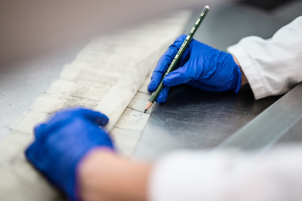 Hands in blue latex gloves at the end of white coat sleeves hold a pencil over a long strip of silk containing plankton samples.