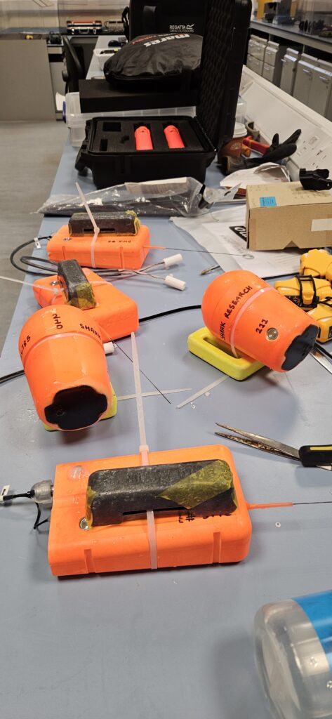 Whale shark tags on a table, there's an orange rectangular box in the foreground with a smaller rectangle on top attached to it and a thin antennae to the side. To the rear are two orange and black objects that look similar to hairdryers, attached to yellow rectangular bases with cable ties, and another orange box in the back the same as the one in the foreground.