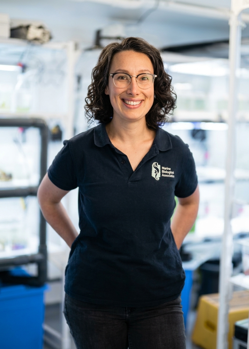 Woman with dark curly shoulder length hair, wearing glasses and a Marine Biologocal Association branded polo short with her hands in her back pockets, smiles at the camera.